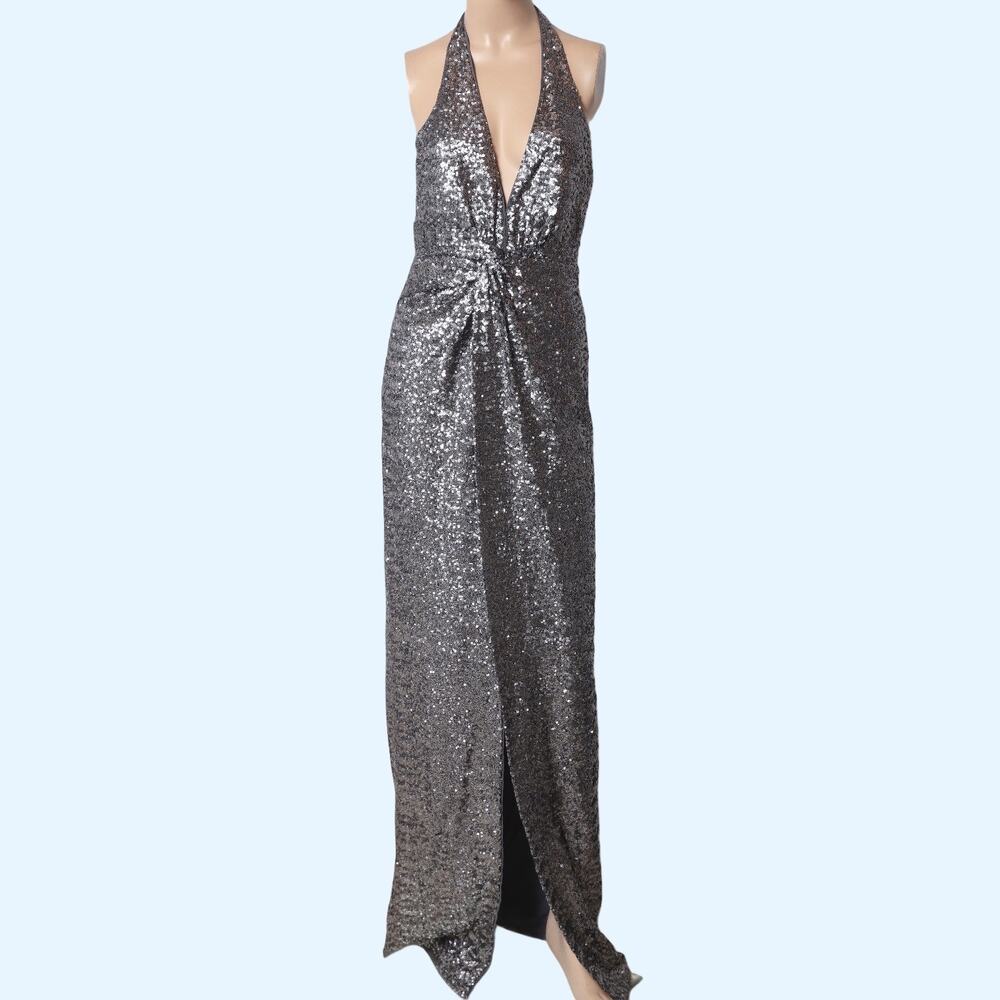 HALSTON Heritage Silver Sequin Halter Deep V-Neck Maxi Dress Gown